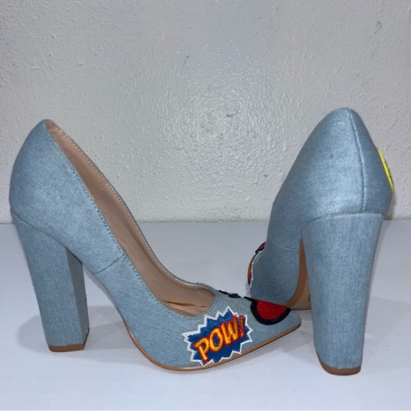 SOLD Denim Heels with Heart Peace Sign patches size 6.5 inches - Picture 4 of 4